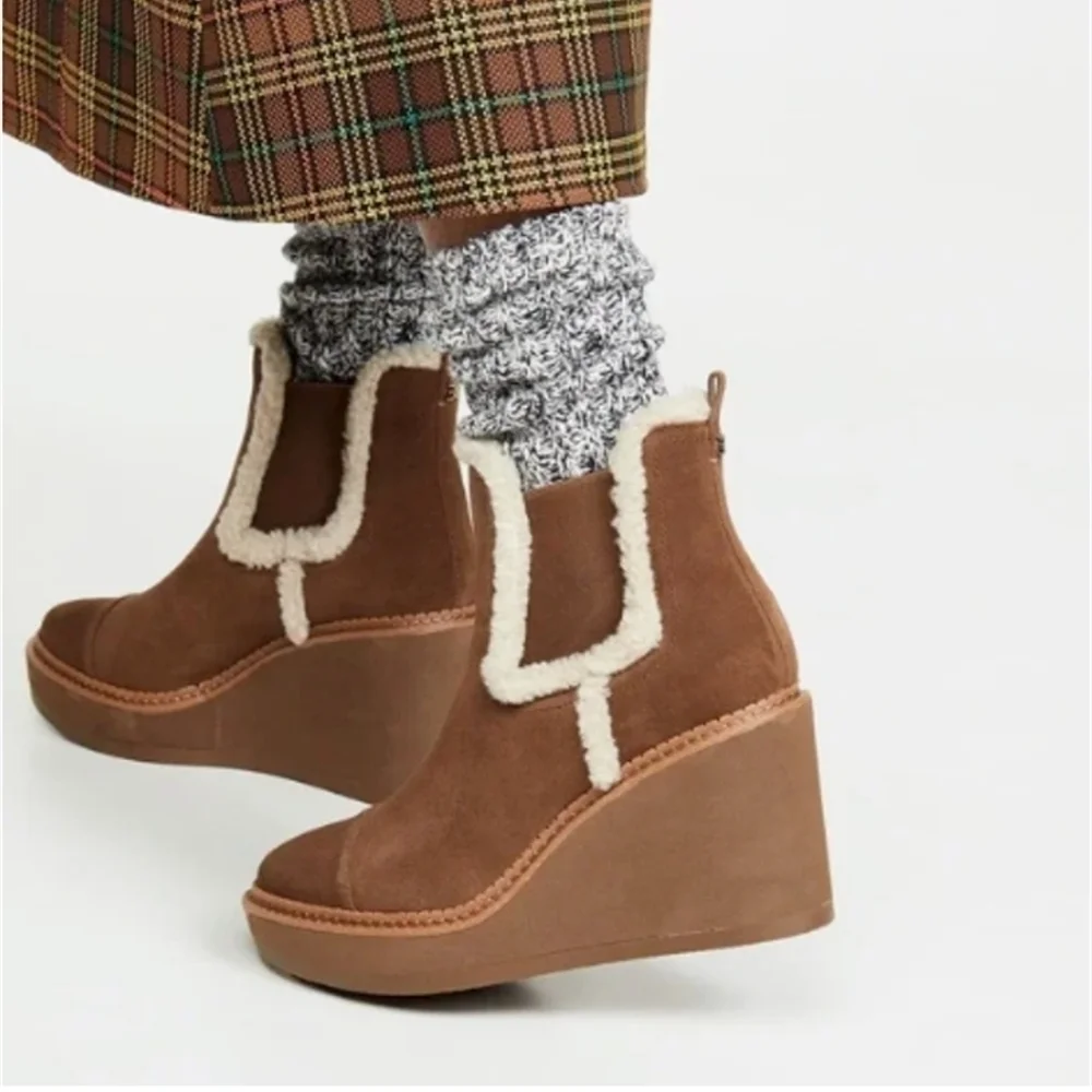 Sam Edelman Reagan Brown Suede Wedge Ankle Boots With Sherpa Trim Size 10